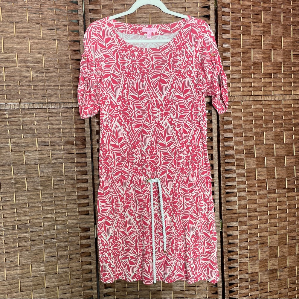 Lilly Pulitzer Coral Pink Printed Drawstring Midi Dress, Preppy, Coastal Size S.
